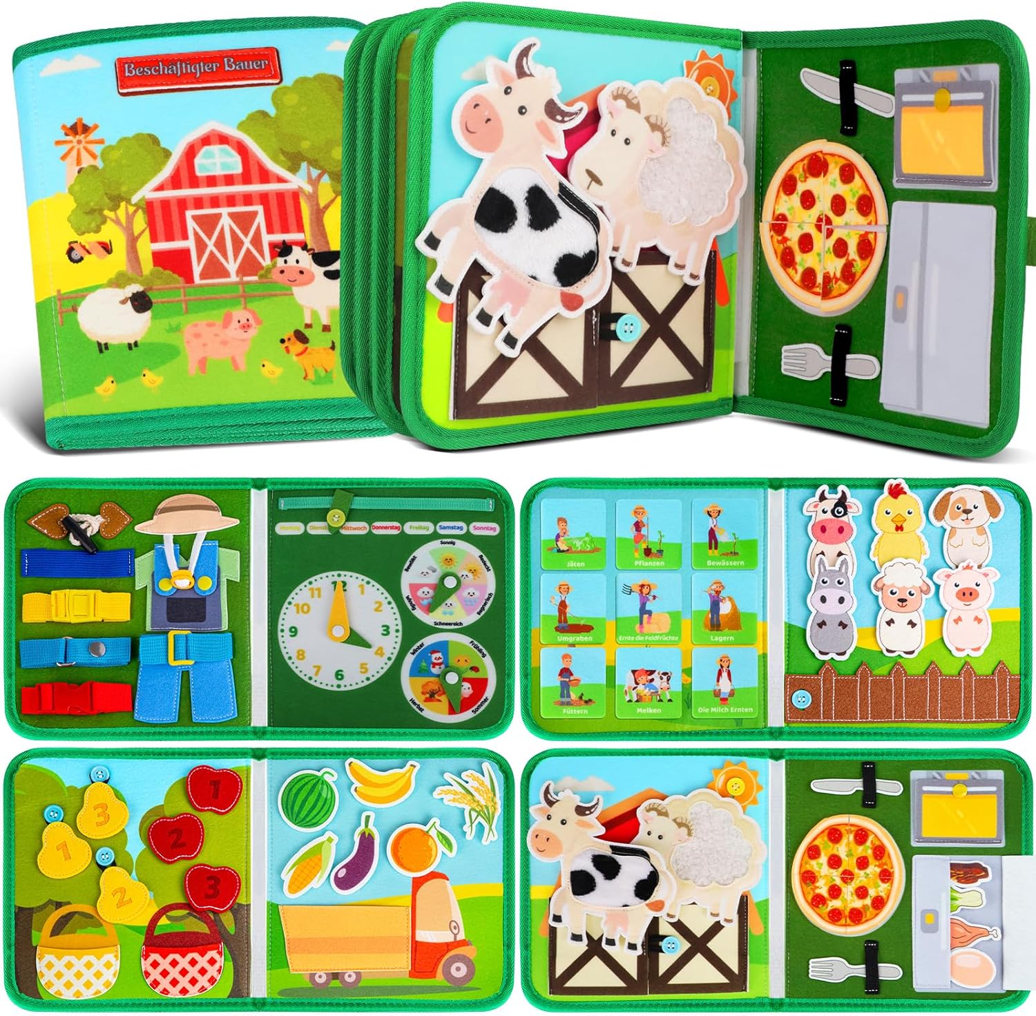 Quanquer Montessori Busy Board German Toy from 1 2 3 4 Years - Farm Book for Early Education Car & Plane Drives - Birthday Holiday Easter Children's Day Gifts for Toddlers