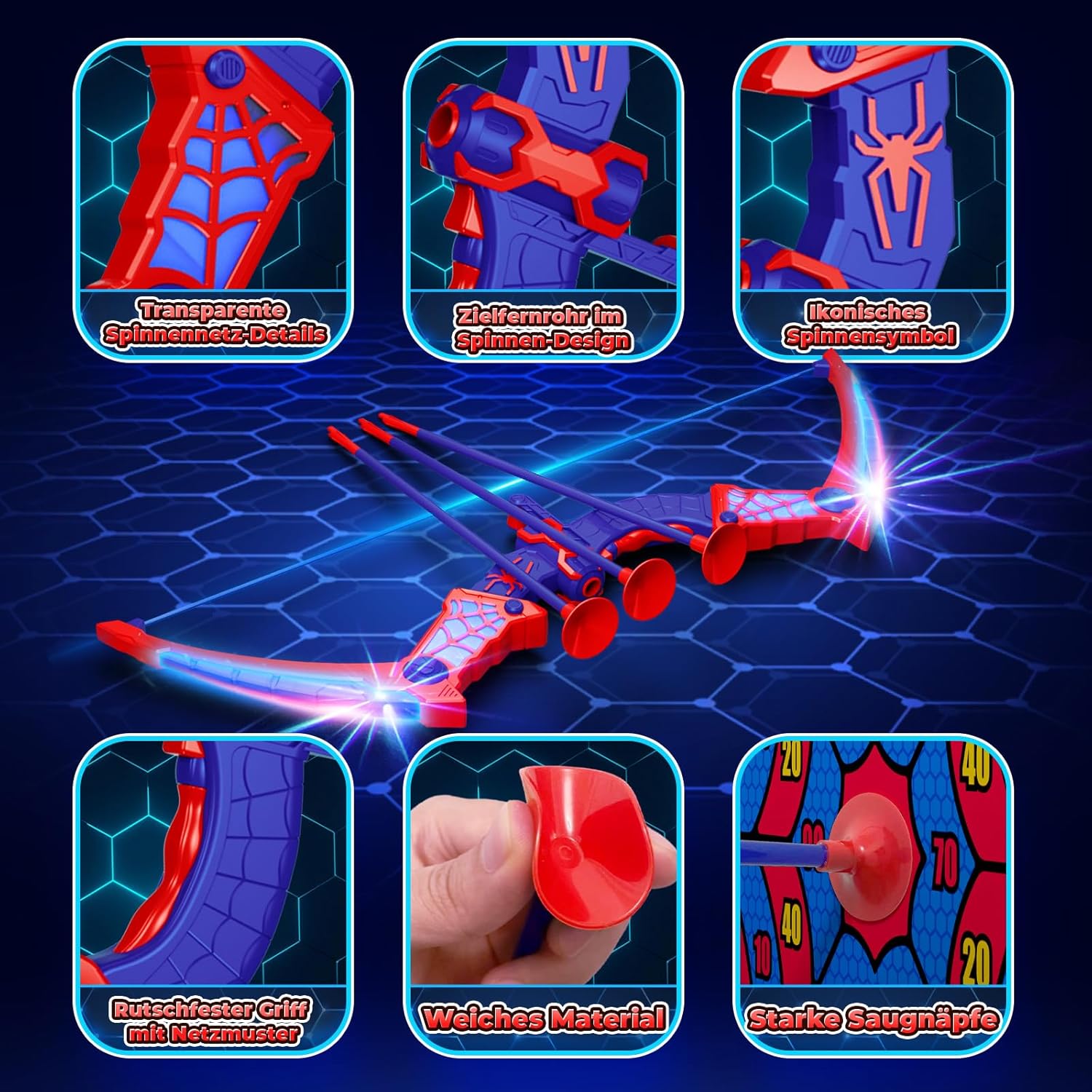 Toy from 3-12 years, boy, arrow bow toy with red and blue LED lights, quiver and net target, gift boy 3-12 years gift ideas, children's toy, garden, outdoor games for children – Bild 5