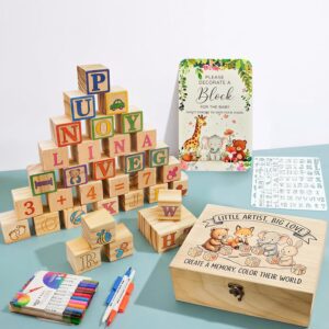Baby Shower Games Set, 81-Piece Building Blocks Painting, Baby Shower Guest Book for Painting, Stacking, Building & Painting for Baby Shower & Gender Reveal, Wooden Cube Gift Idea for Boys & Girls