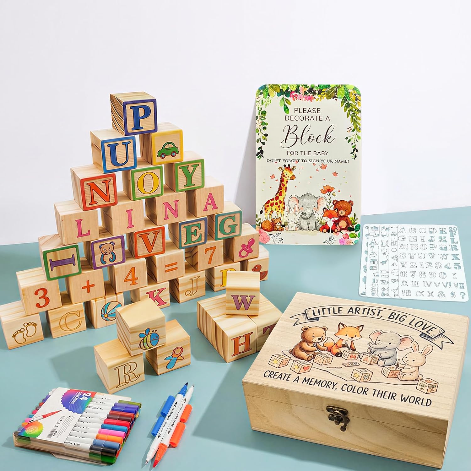Baby Shower Games Set, 81-Piece Building Blocks Painting, Baby Shower Guest Book for Painting, Stacking, Building & Painting for Baby Shower & Gender Reveal, Wooden Cube Gift Idea for Boys & Girls