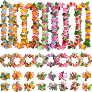 Pack of 32 Hawaii Party Decorations, Hawaii Flowers Necklace Flower Bracelet Headband for Tropical Hawaiian Party Theme Beach Party Hawaiian Night Bar Beach Holiday