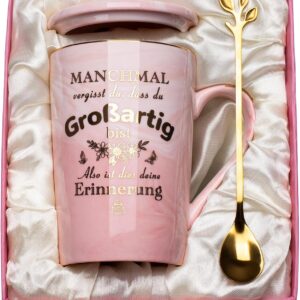 Gifts for Women, Birthday Gift for Women Cup 400ml, Gift Girlfriend Gift Women Birthday Pink Marble Coffee Mug, Gold Print, Lid, Spoon (Great)