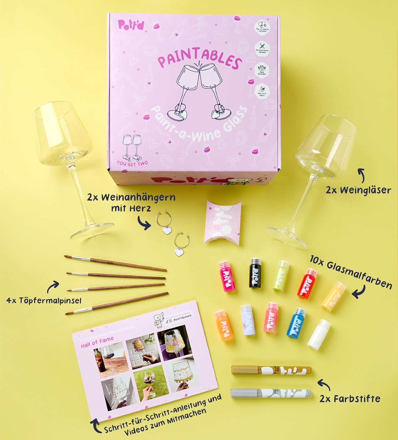 Pott'd Paintables Paint Wine Glasses - DIY Glasses Painting Set for Adults with Wine Glasses, Enamel Paints, Brushes, Pens and Pendants - Craft Kit for Beginners – Bild 4