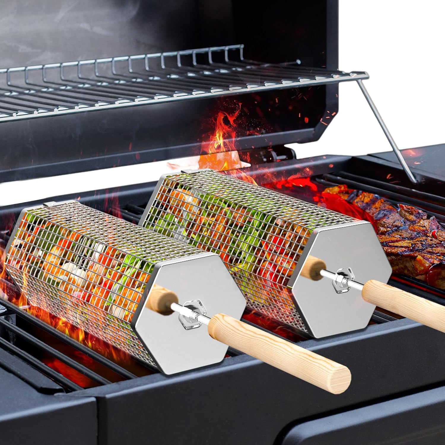 ivtivfu Nestable Rolling Grill Basket, Barbecue Accessories, Gifts for Men