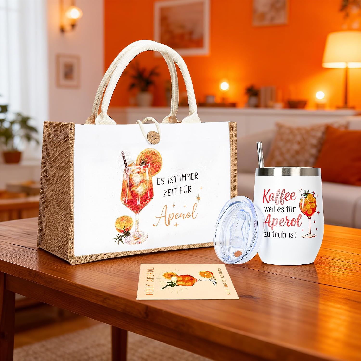 3 Piece Splash Gift Set for Aperitif, Stainless Steel Wine Tumbler 350ml with Lid & Straw, XXL Jute Beach/Gift Bag 32×22×13cm, Premium Birthday Card - Summer, Party, Girlfriend, Women – Bild 2