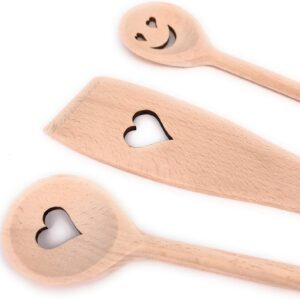 Balna Cooking Spoon Set Wooden Cooking Spoon Wooden Heart Gift Ideal for Wedding Valentine's Day Birthday Lovers Kitchen Set 2 Wooden Spoons + 1 Spatula Beech Wood 30 cm