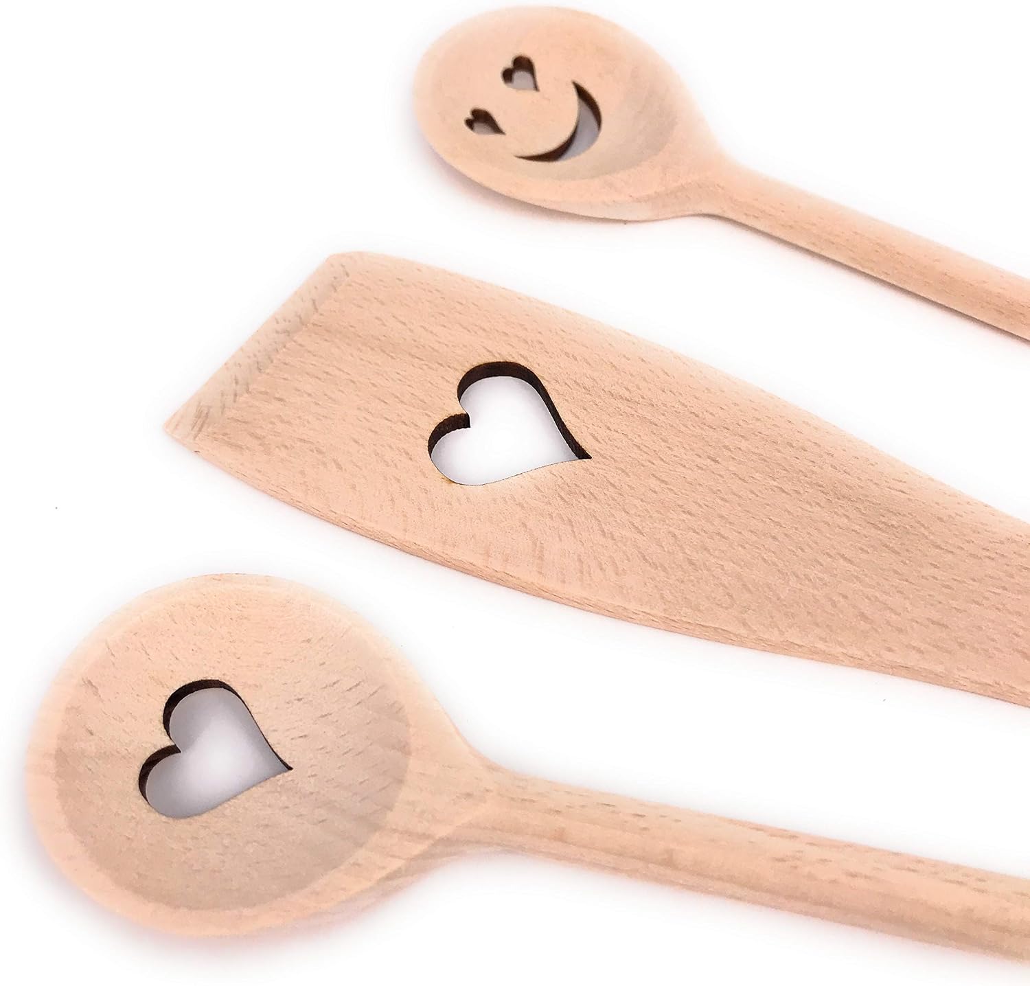 Balna Cooking Spoon Set Wooden Cooking Spoon Wooden Heart Gift Ideal for Wedding Valentine's Day Birthday Lovers Kitchen Set 2 Wooden Spoons + 1 Spatula Beech Wood 30 cm