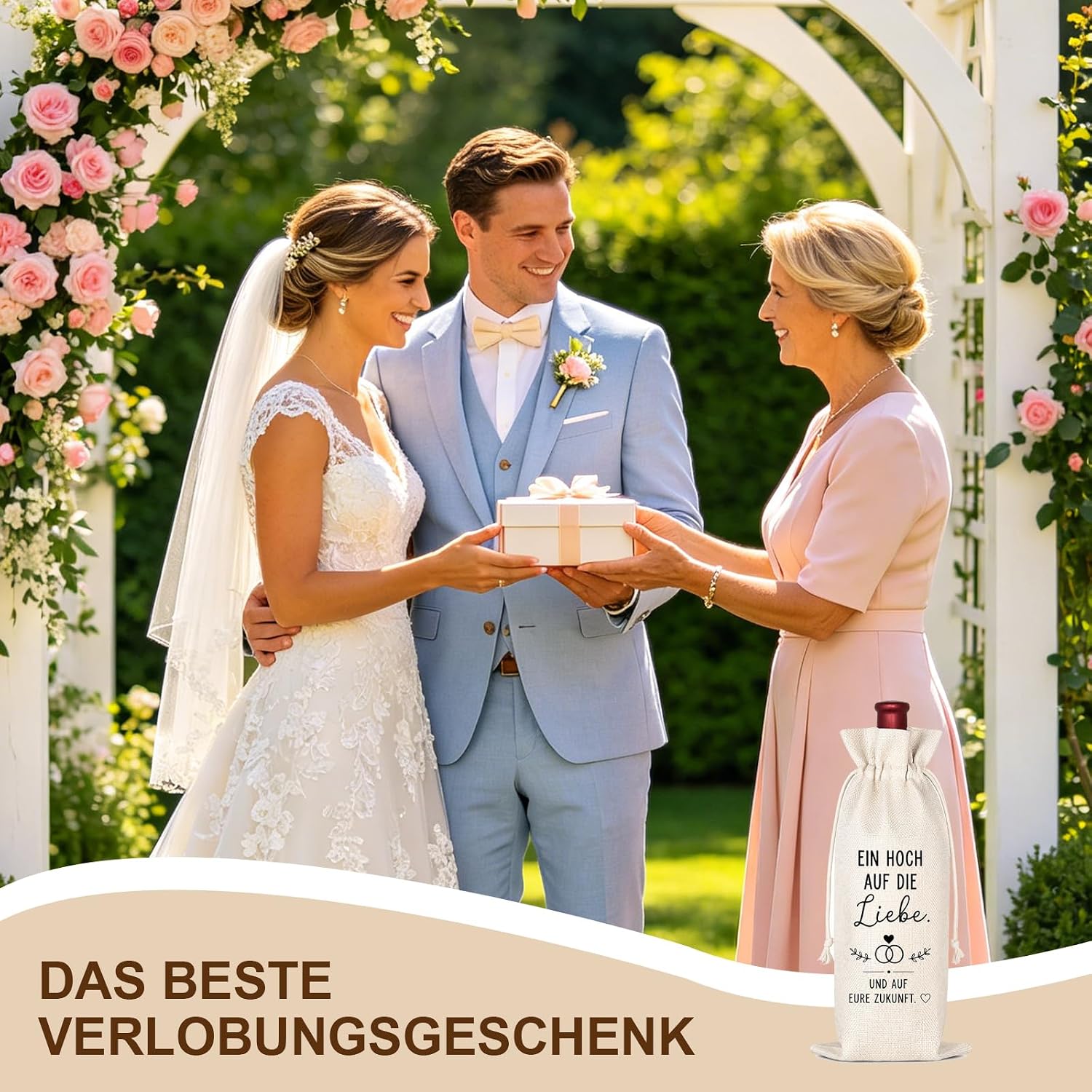 Wedding Gifts for Bride and Groom Elegant Engagement Gift Wine Bag as Wedding Gift Linen Bottle Bag Beautiful Gift Packaging with Love Saying Skandi Style – Bild 7