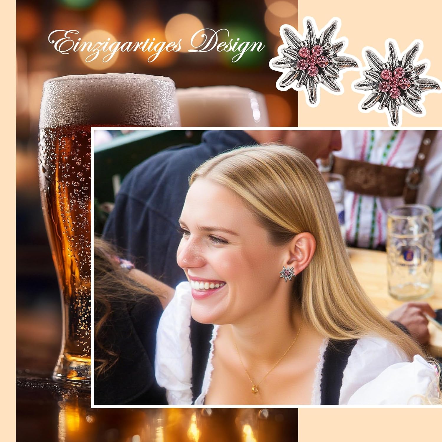Oktoberfest Decoration, 4 Pairs of Stud Earrings with Edelweiss Stud Earrings, Silver and Pink Stones, Elk Antlers, Pretzel Earrings, Beer Lover Gift, Oktoberfest Accessories, Cute Girl Exotic, Boho – Bild 4