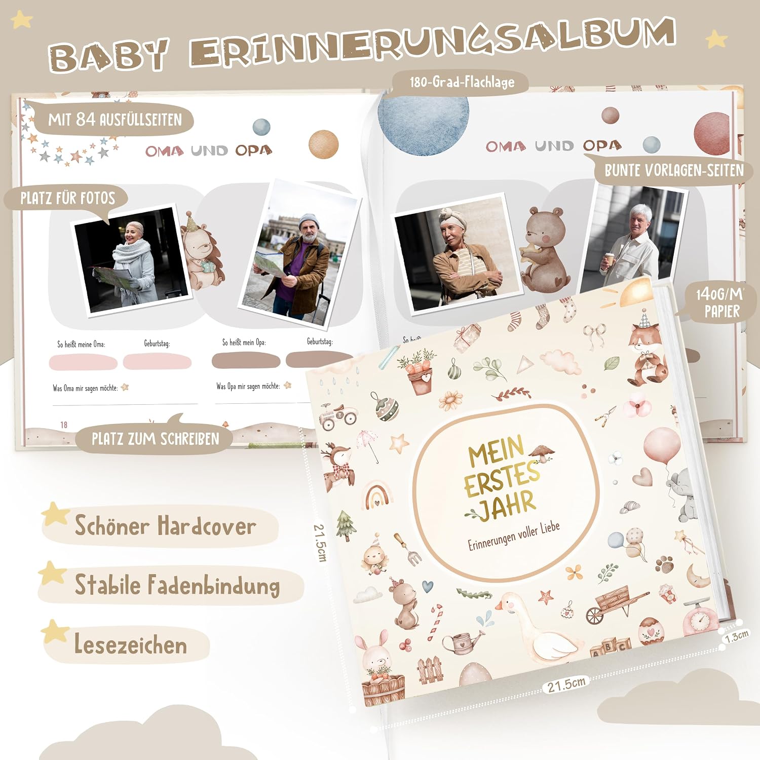 Hyggartn My First Year Baby Album with 84 Pages and 2 Stickers Personalised Gifts Baby Gift Birth Boy & Girl Photo Album Baby Memory Baby Diary 21 x 21 cm (Cute Designs) – Bild 3