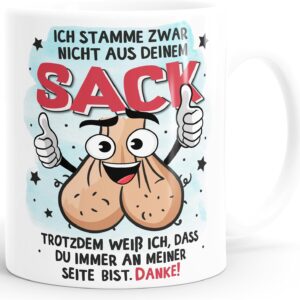 MoonWorks Coffee Mug Gift for Bonus Dad for Father’s Day Saying Funny Stepdad Ich stamme zwar nicht aus deinem Sack White Standard