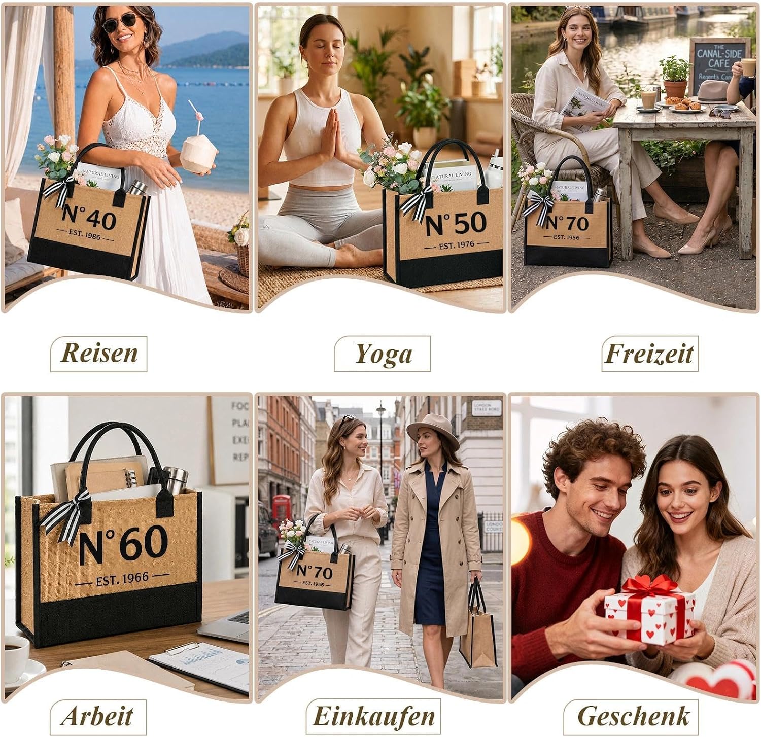 Birthday Gift Woman 40 50 60 70-2-Piece Vintage Jute Bag Set, Shopping Bag and Cosmetic Bag Set, Birthday Gifts for Women, Gift for Mum, Wife – Bild 8