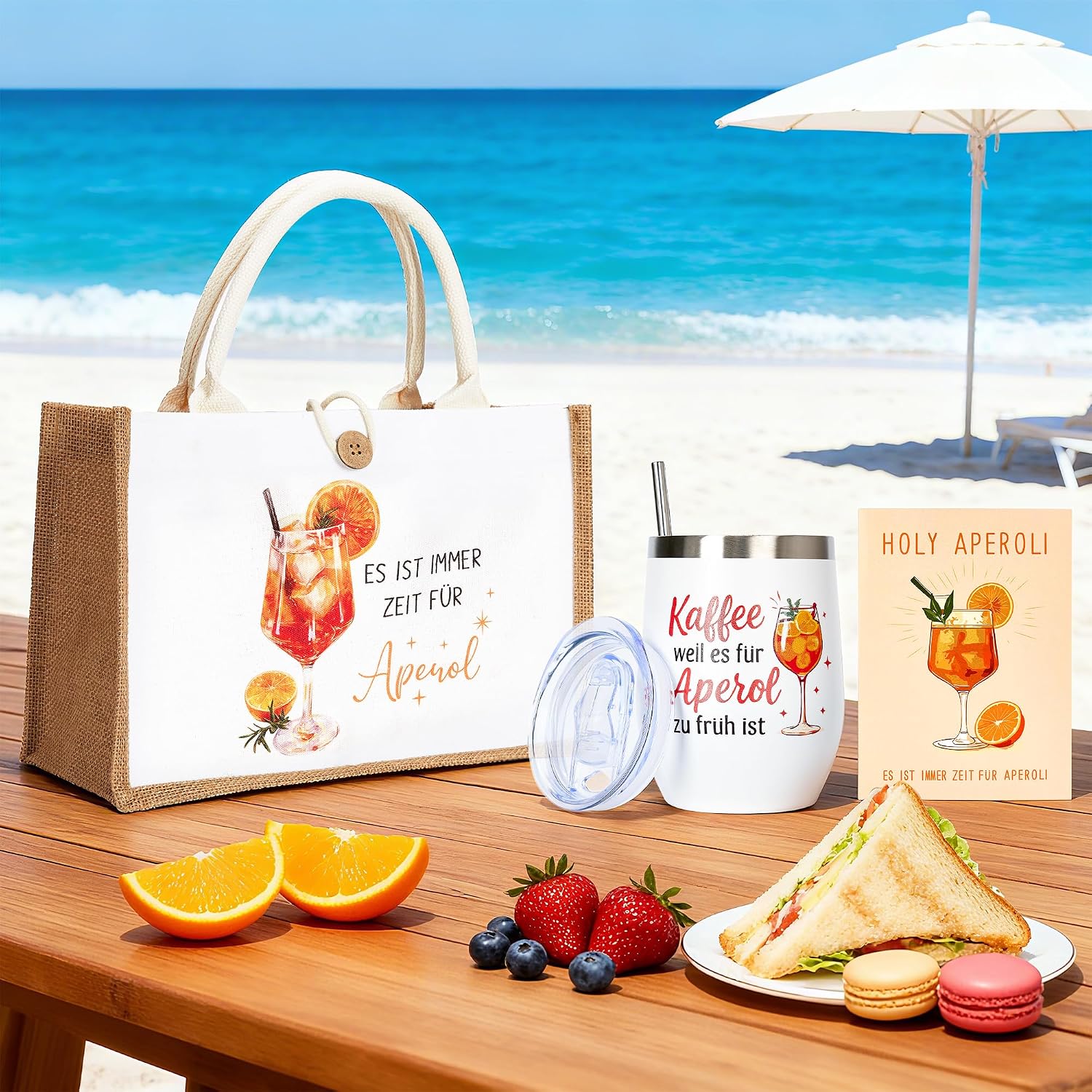 3 Piece Splash Gift Set for Aperitif, Stainless Steel Wine Tumbler 350ml with Lid & Straw, XXL Jute Beach/Gift Bag 32×22×13cm, Premium Birthday Card - Summer, Party, Girlfriend, Women – Bild 8