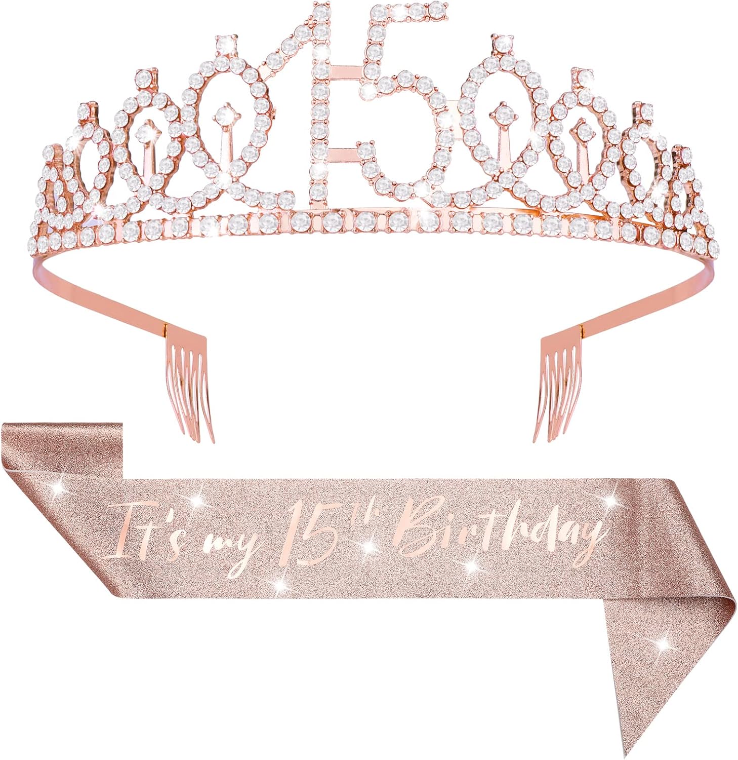 Abeillo 15th Birthday Crown, Birthday Sash 15 Years Girl, 15th Birthday Crown and Sash, It's My 15th Birthday Crown for 15 Years Girls Party Gift Birthday Decoration
