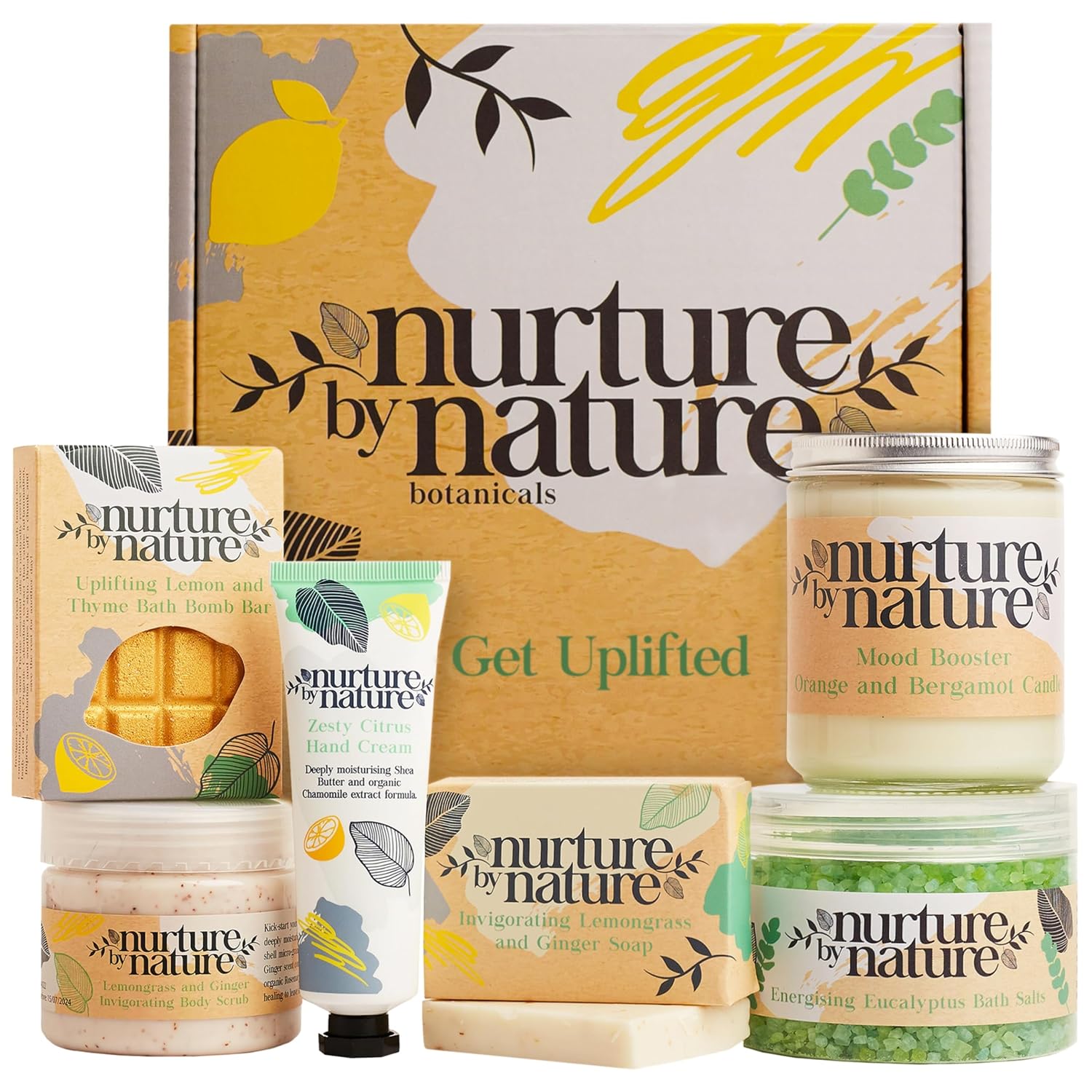 Nurture by Nature, Relaxation & Uplift, Pampering Baskets for Women, Spa Bath Set, Bath Salts, Aromatherapy, Soap, Bath Bombs, Candle & More, Birthday Gift