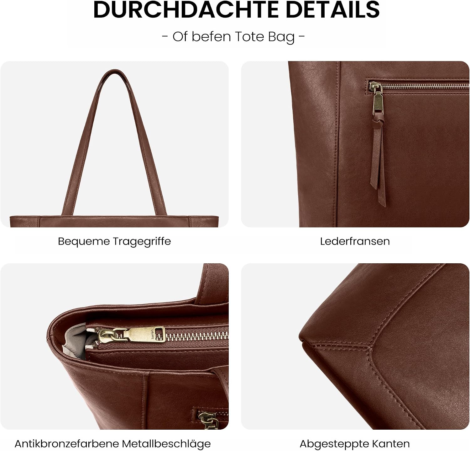 befen Genuine Leather Handbag, Women's Large Shopper Bag with 15.6 Inch Laptop Compartment, Leather Tote Bag, Briefcase, Teacher Bag with Laptop Compartment, Fashion Shoulder Bag for Business, Office – Bild 6