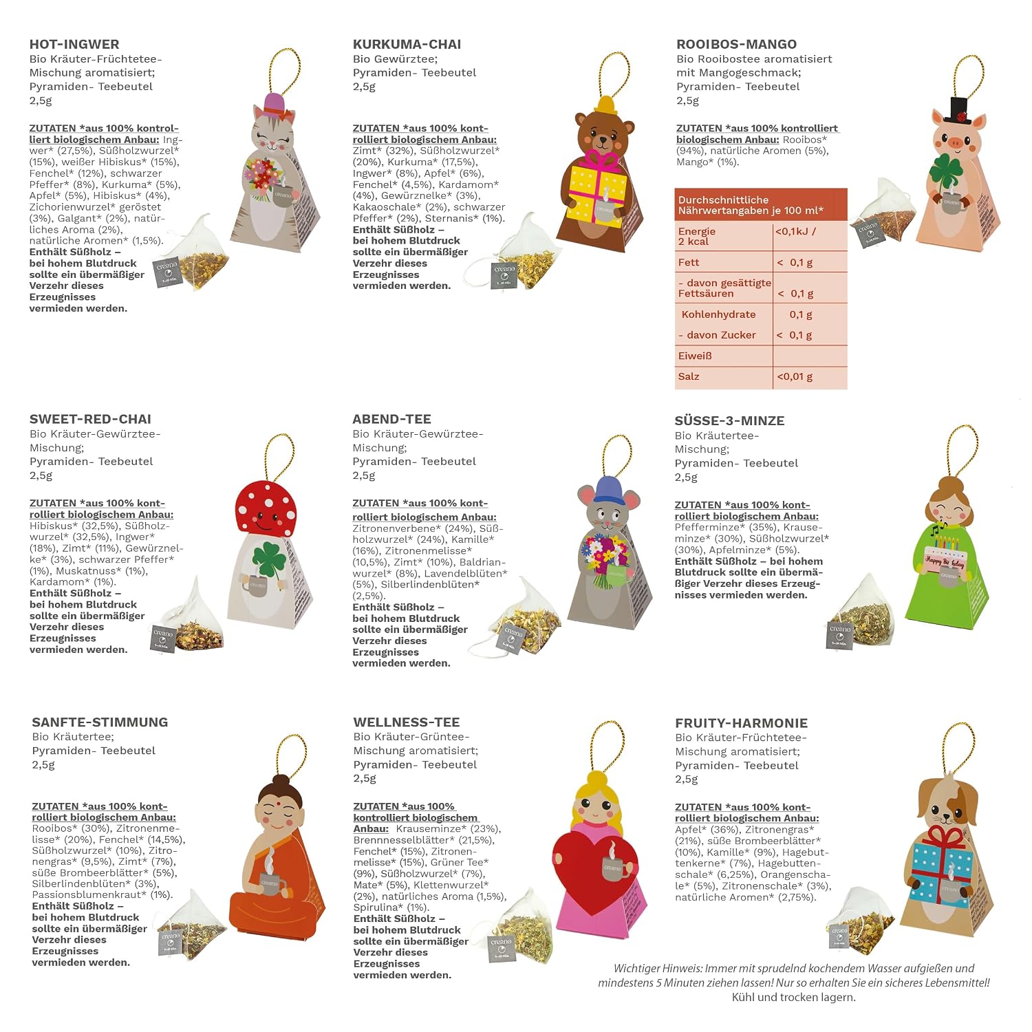 Creano Organic Herbal Tea Gift Set "Tea Lovers" – 9 Pyramid Tea Bags in 9 Cute Figures to Give as a Gift – 22.5 g – Bild 4