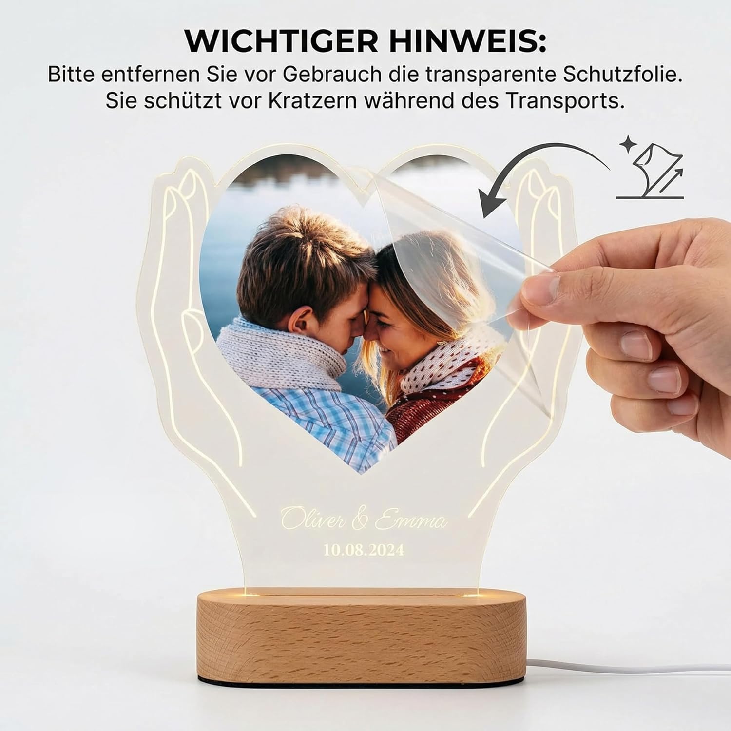 Geschenkfreude Personalised Picture with Photo and Text - Personalised Valentine's Day Gifts for Men and Women - Couple Gifts - Boyfriend and Girlfriend - Illuminated Picture Frame LED Acrylic – Bild 4