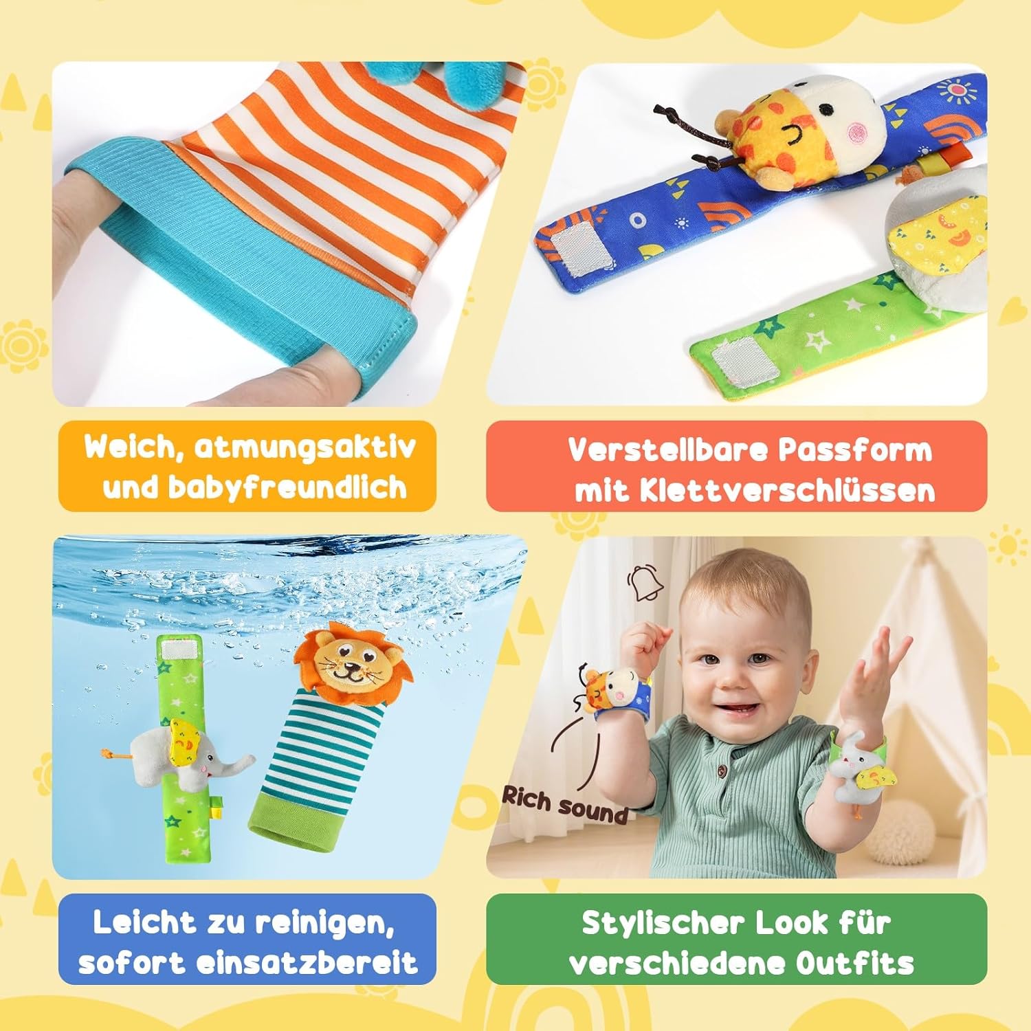 URMYWO 4 x rattle baby socks, baby toy, wrist and newborn toy for babies, girls, boys, early education toy for newborns, toddlers, toy for baby toys, 0-6 months – Bild 4