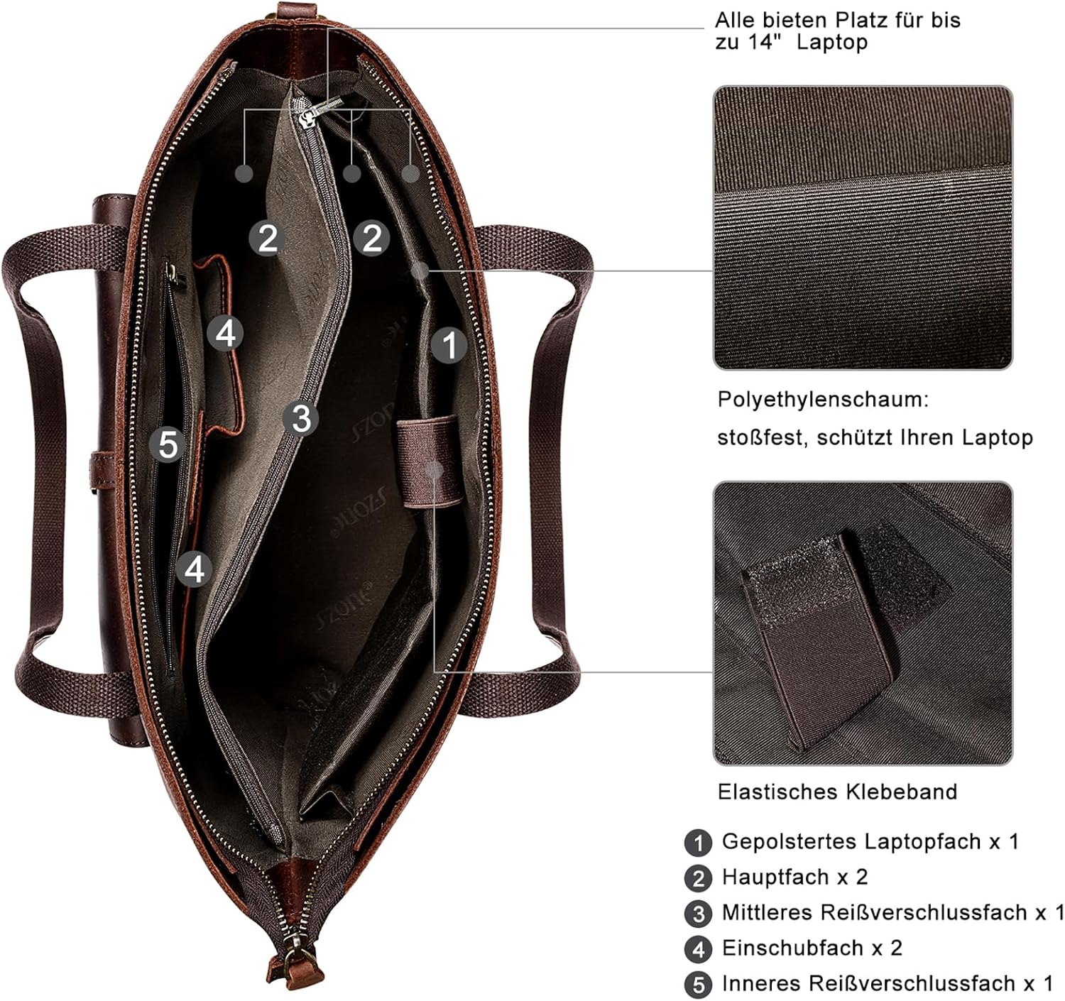 S-ZONE Women's Shoulder Bag Vintage Genuine Leather Large Shopper Handbag Handbag Laptop Bag Work School Shopping Travel – Bild 4