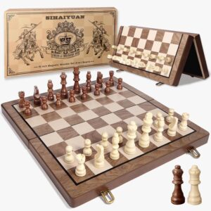 Chess Game, Magnetic Wooden Chess Board, Chess and Draughts Game, Travel Chess for Adults and Children, Foldable Storage Board (39 x 39 cm)