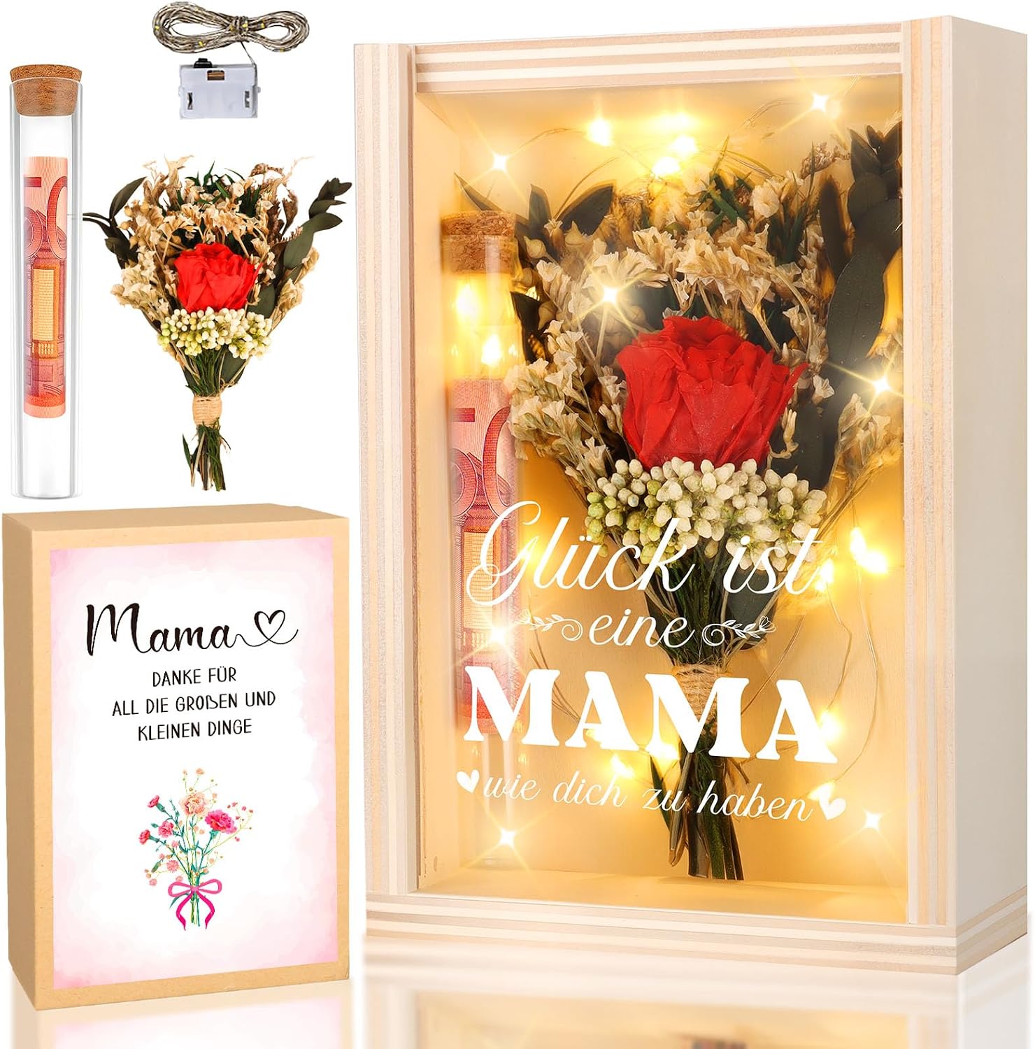 TUZELIYA Mum Gift Box, LED Fairy Lights, Test Tube, Birthday Gift for Mothers, Money Gift, Wooden Box with Engraving Glück ist elne Mama wo dich zu haber, Thank You Gift, Mother's Day