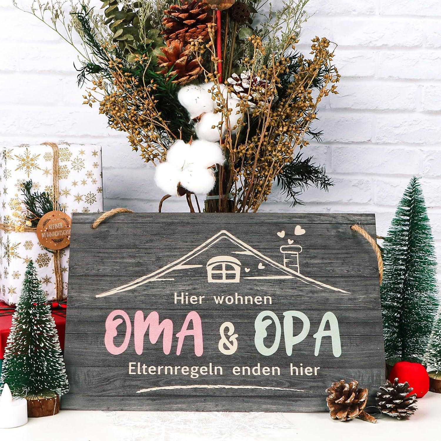 Grandma and Grandpa Gift, Decorative Ornaments Made of Wood, Grandma Grandpa Gifts for Birthday, Tin Signs Saying "Hier wohnen OMA OPA Elternregeln enden hier" Gift Grandma and Grandpa for Mother's Day Christmas – Bild 7