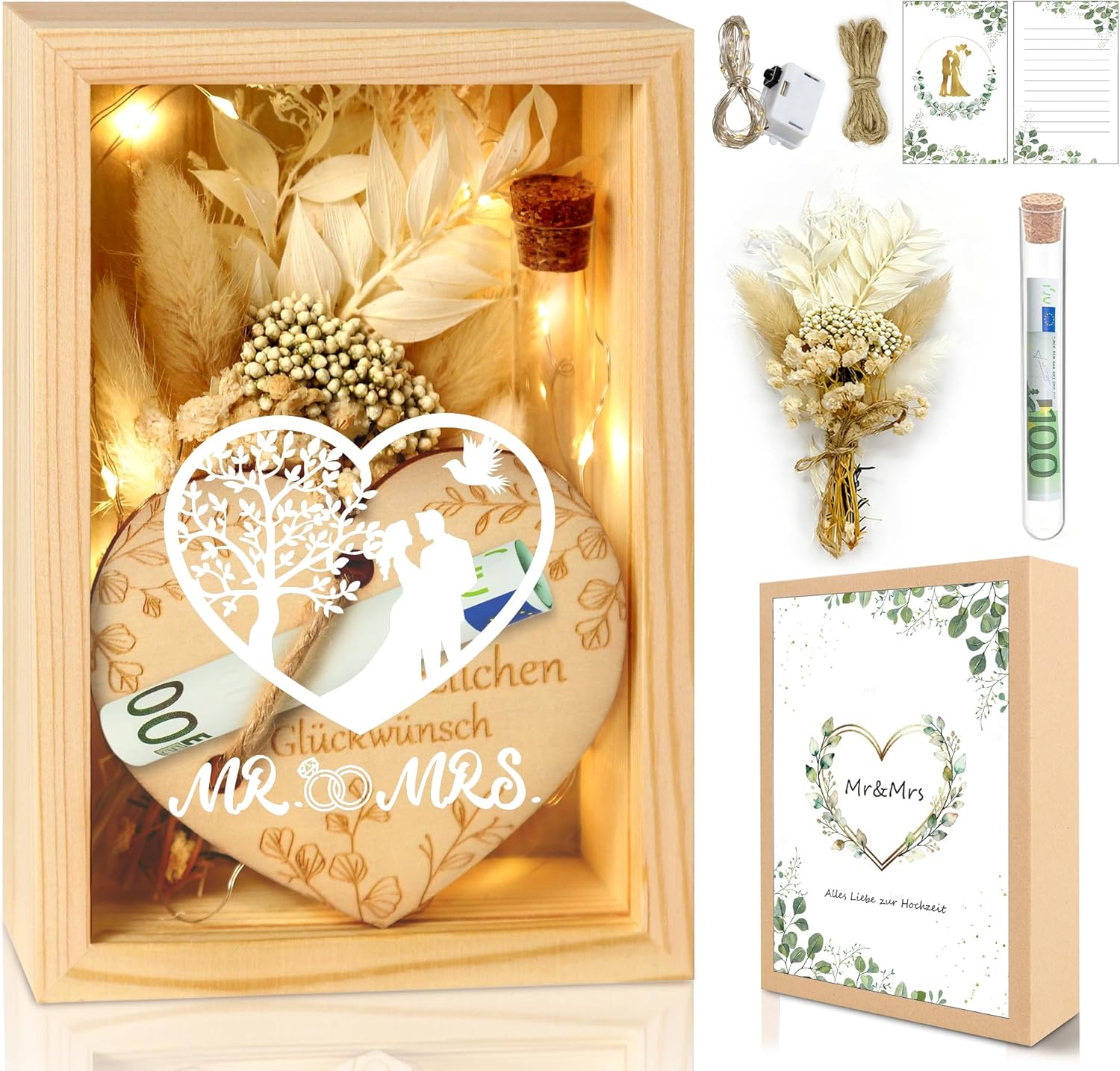 Wedding Gifts for Newlyweds, Money Gift, Wedding, Love, Romantic Gift for Her, Wedding Gifts, Dried Flowers, Wooden Box, Fairy Lights, Greeting Card, Glass Bottle, Wedding Anniversary