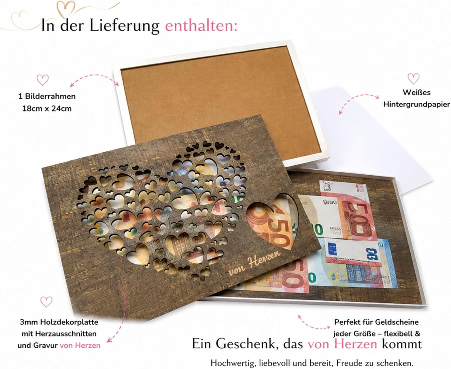 Traumwelten-Zimmermann Wedding Money Gift in Picture Frame with Real Glass, Creative Money Gift Packaging for Bride and Groom, Wooden Heart Motif, Wedding Gift, 18 x 24 cm – Bild 6