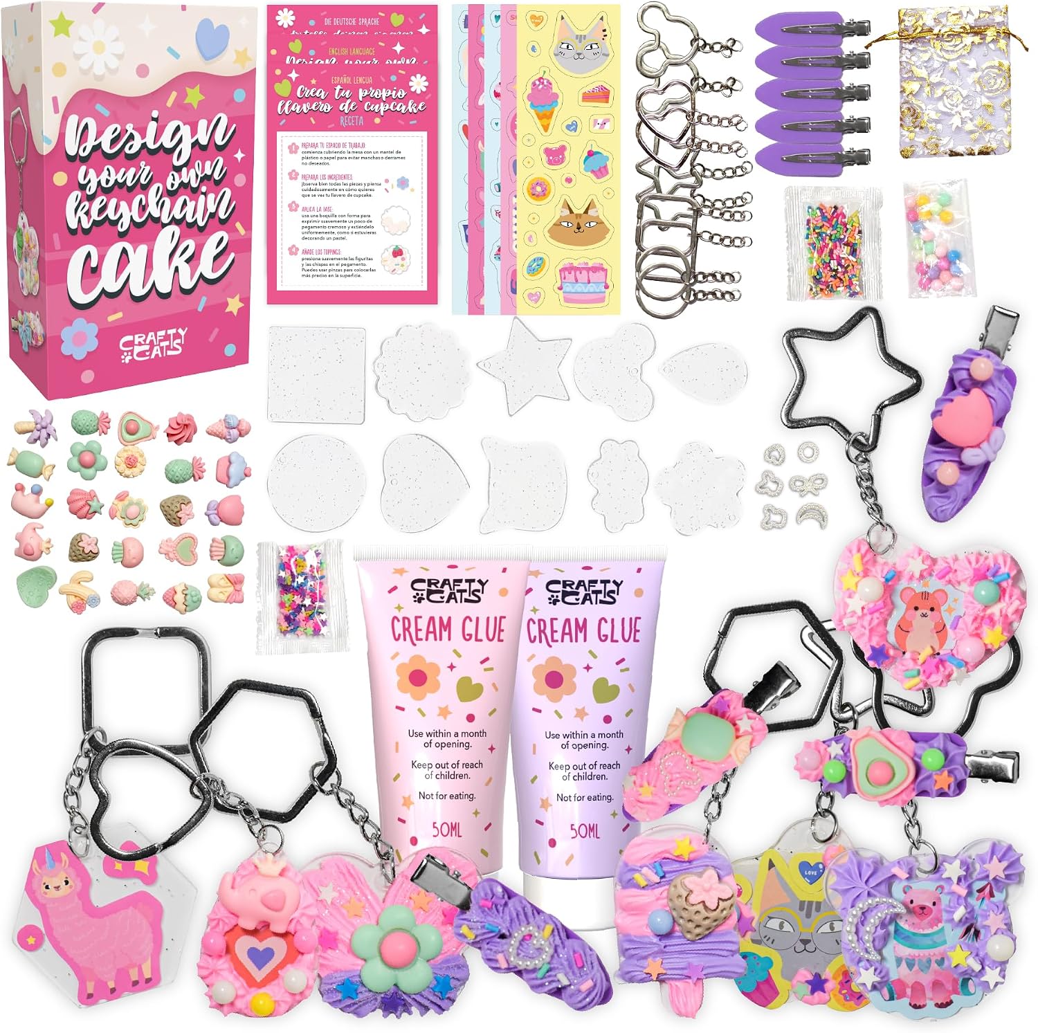 CRAFTY CATS Craft Set Children's DIY Set for Creativity Cupcake Keyring and Hair Clips with Cream Glue Glitter and Beads Craft Case Gift for Girls from 6 Years Ideal from 8 Years