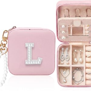 Jewellery Box Travel, Jewellery Box Small Travel for Women Girls, Personalised Pearl Initial Jewellery Box, Jewellery Organiser with Mirror, Gift for Mother's Day, Women's Birthday (L)