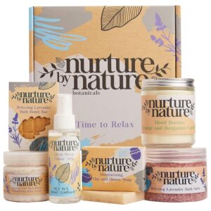 Nurture by Nature Relax & Calm Pampering Spa Gift Set, Bath Set, Lavender, Bath Salts, Aromatherapy, Soap, Bath Bombs, Candle & More, Gift for Women, Her