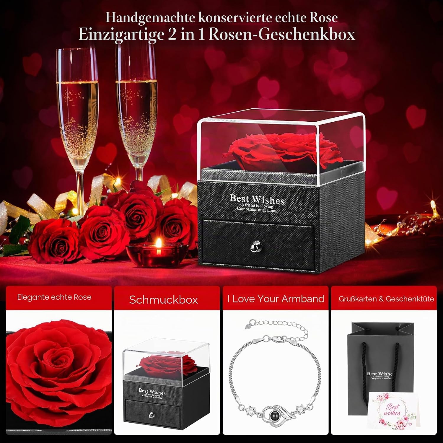 ALLOMN Rose Gifts for Women Mum Girlfriend Eternal Real Rose Preserved Infinity Roses Gift Box with I Love You Bracelet for Mother's Day Birthday Valentine's Day Anniversary Christmas – Bild 2