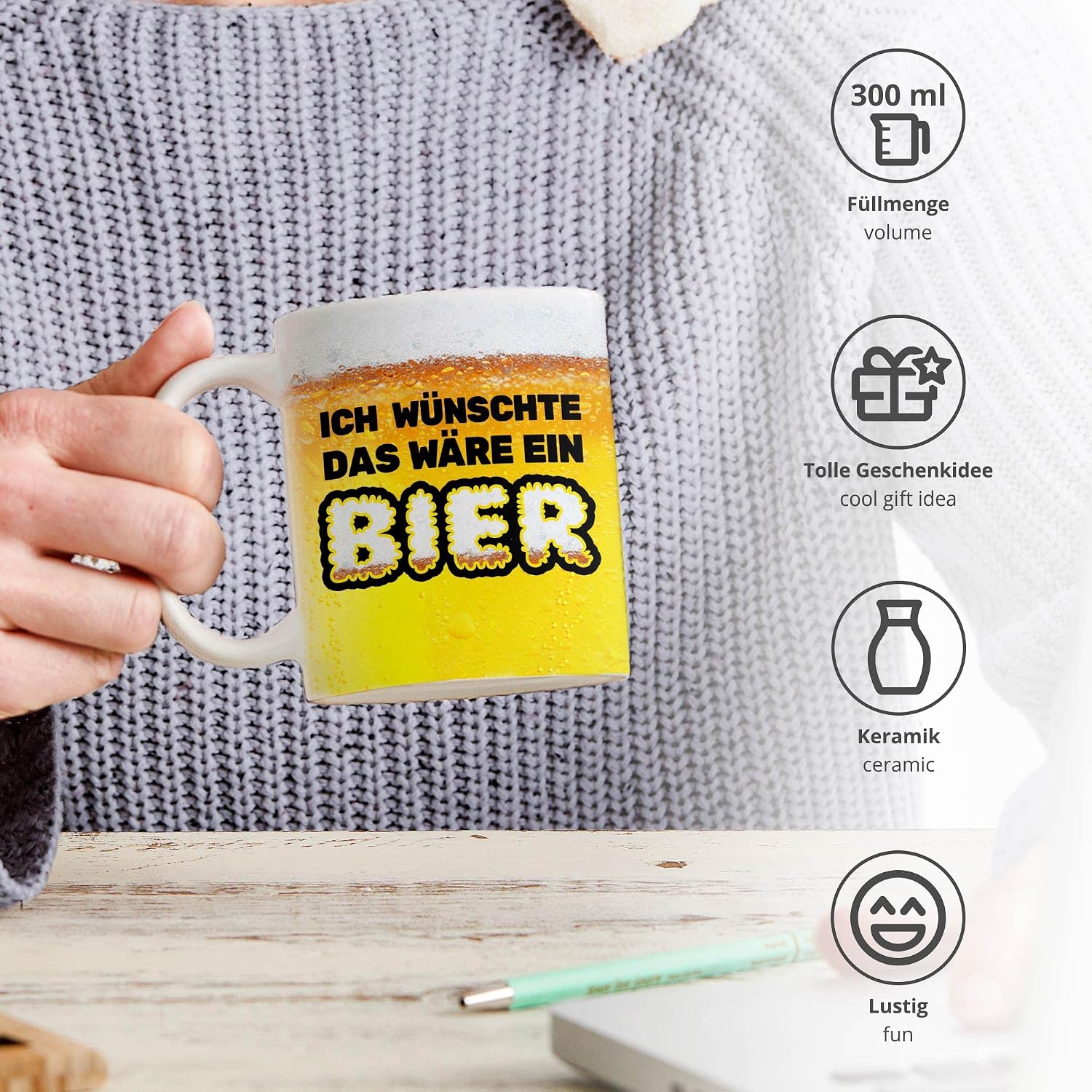 Beer Mug with Saying, Ich wünschte das wäre ein Bier, Funny Mugs, Coffee Mug with Saying, Beer Gifts for Men, 300 ml Coffee Mug, Beer Gift, Tea Cup, Father's Day Gift – Bild 4