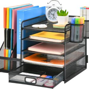 Marbrasse Desk Organiser with File Holder, 5 Tier Paper Letter Tray with Drawer and 2 Pen Holders, Desk Mesh Storage Compartments Organiser with for Office Supplies (Black)