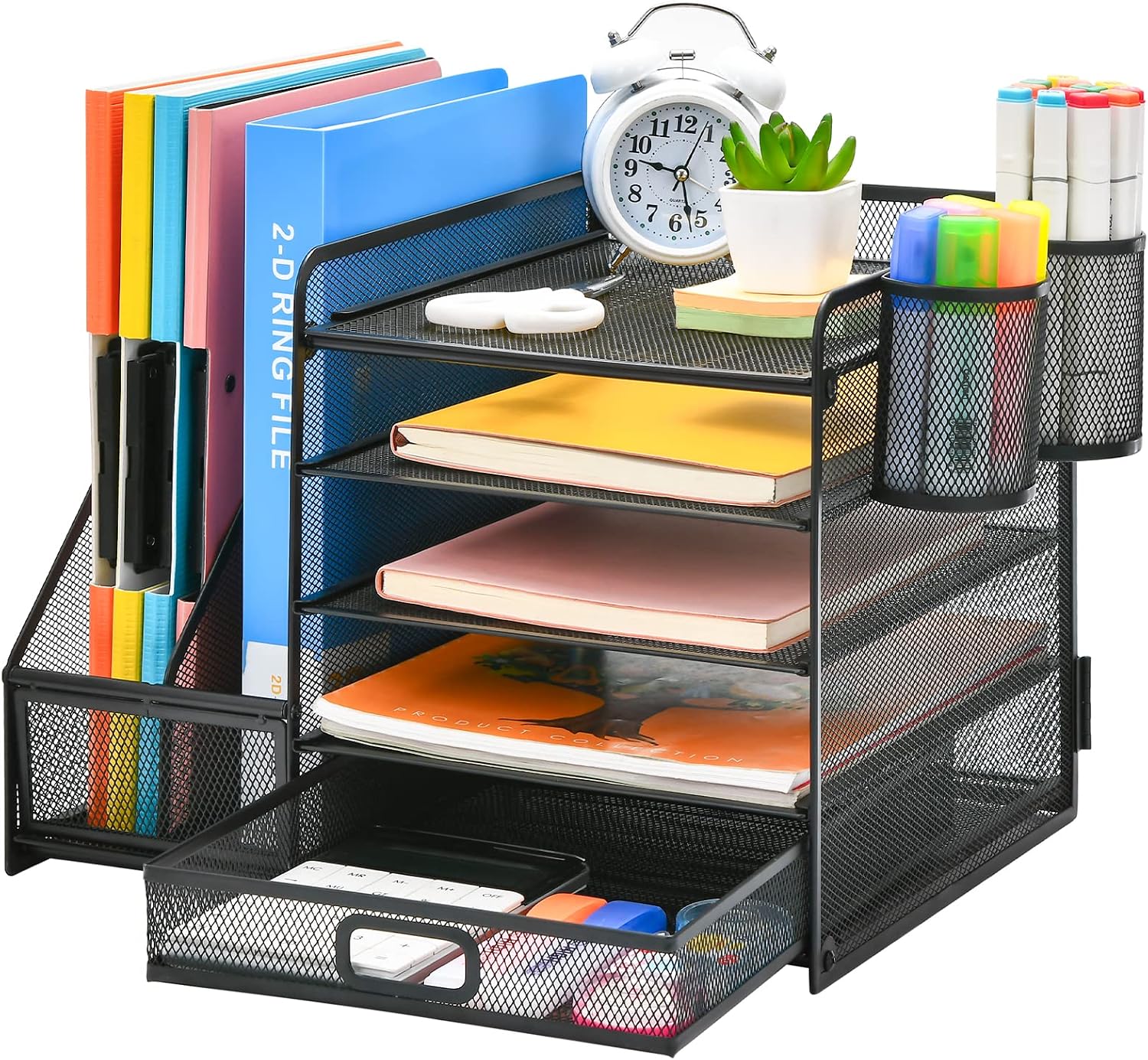 Marbrasse Desk Organiser with File Holder, 5 Tier Paper Letter Tray with Drawer and 2 Pen Holders, Desk Mesh Storage Compartments Organiser with for Office Supplies (Black)