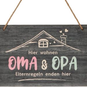 Grandma and Grandpa Gift, Decorative Ornaments Made of Wood, Grandma Grandpa Gifts for Birthday, Tin Signs Saying „Hier wohnen OMA OPA Elternregeln enden hier“ Gift Grandma and Grandpa for Mother’s Day Christmas
