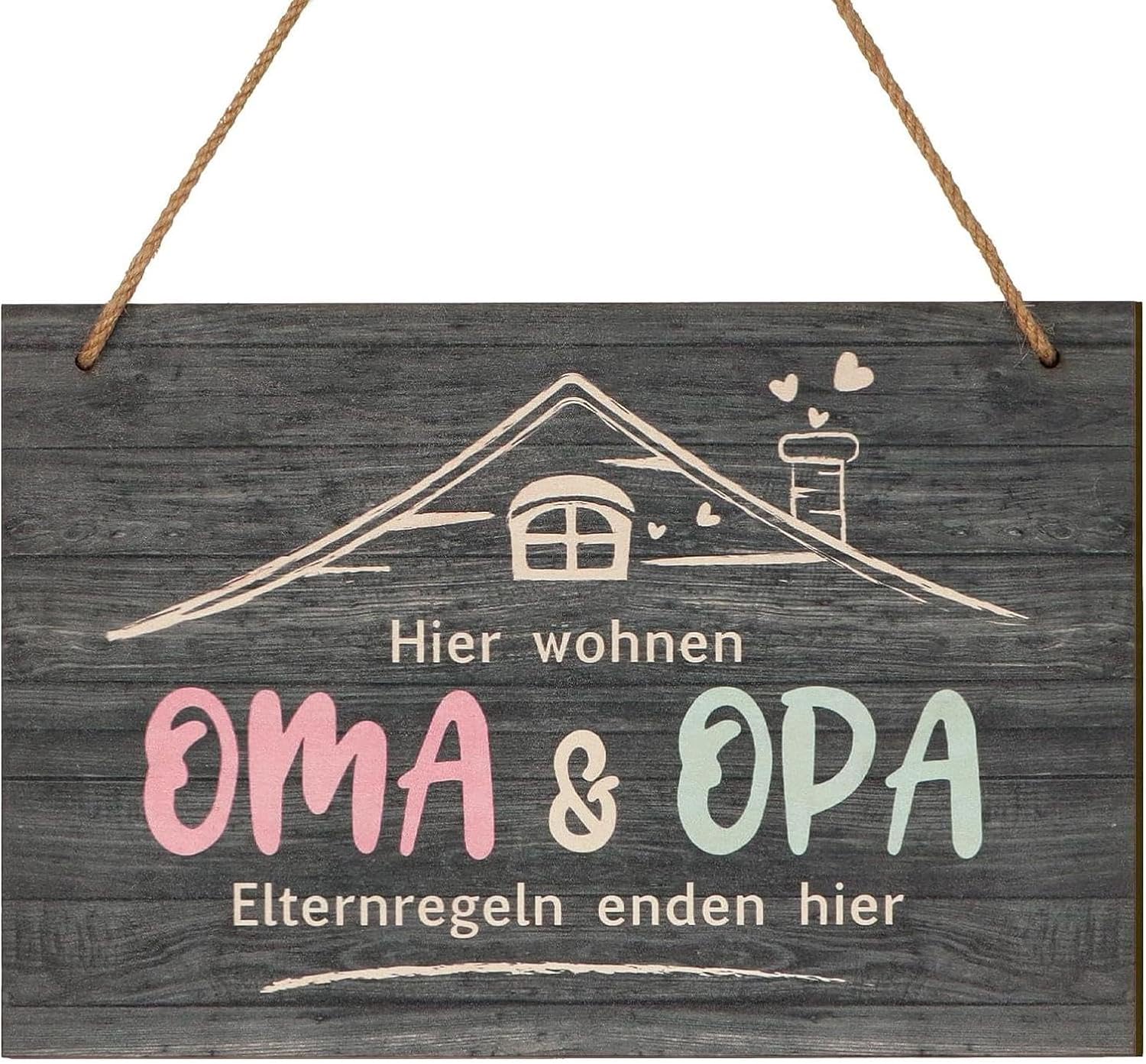 Grandma and Grandpa Gift, Decorative Ornaments Made of Wood, Grandma Grandpa Gifts for Birthday, Tin Signs Saying "Hier wohnen OMA OPA Elternregeln enden hier" Gift Grandma and Grandpa for Mother's Day Christmas