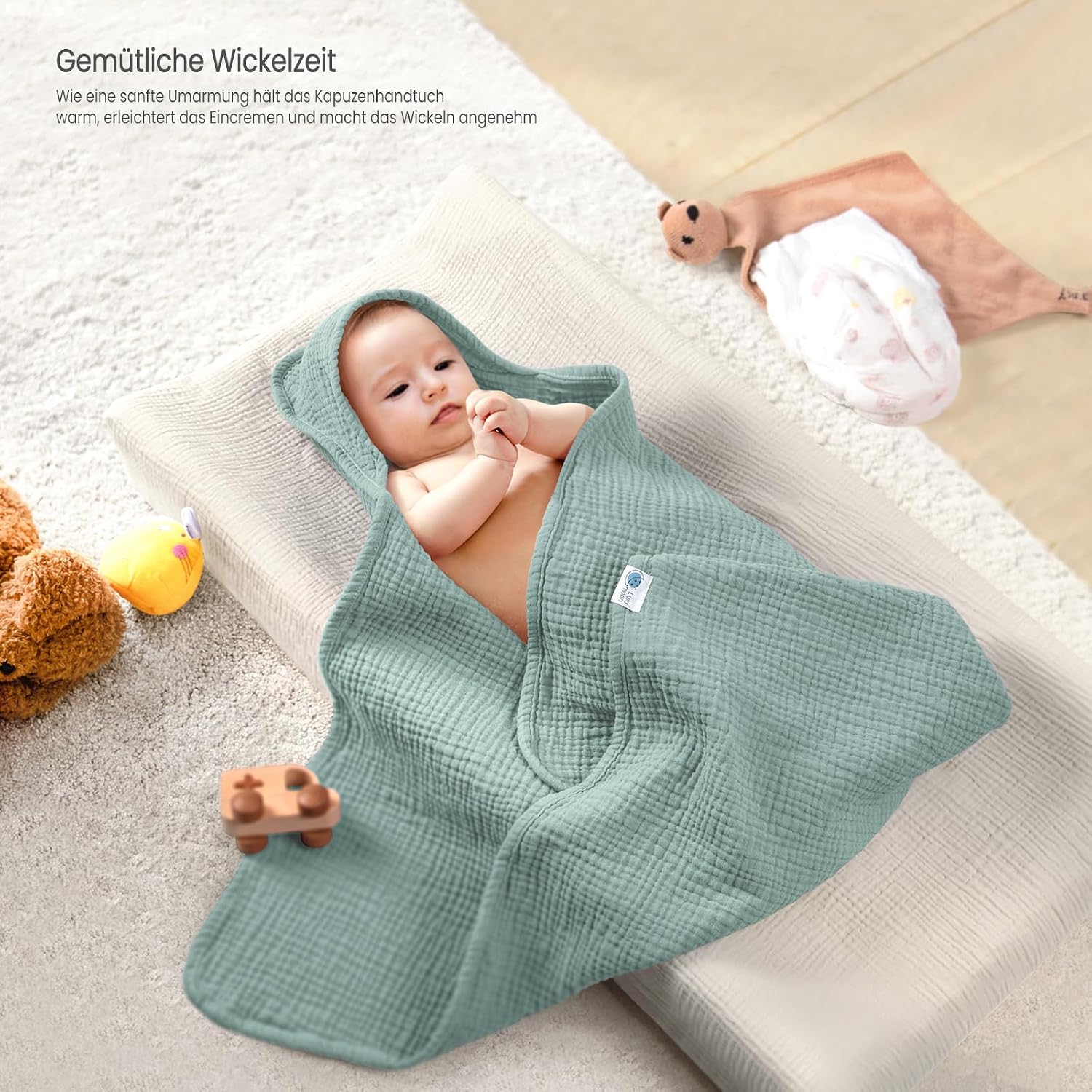 lulumoon Hooded Towel Baby Muslin Cotton: 76 x 76 cm for 0-18 Months – Bild 4
