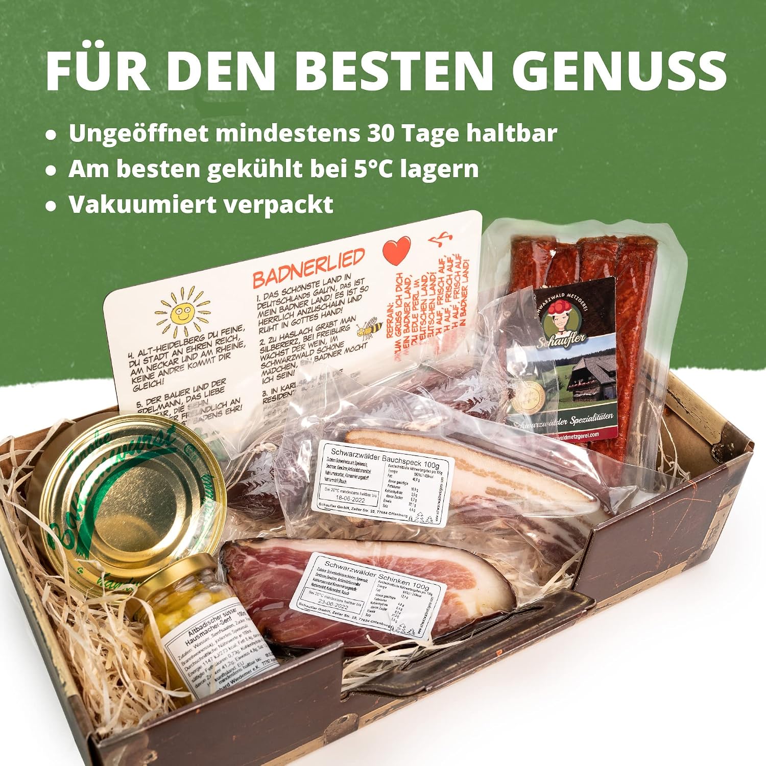 "Badnerlied" Suitcase - Gift Basket with Board - Ham and Salami 7 Pieces - Gift Basket with Snack Board and Badnerlied Print – Bild 3