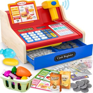maysida Children’s Cash Register Wooden Cash Register with Scanner & Sound for Children 3-5 Years, Toy Cash Register with Scanner / Play Money / Coins / Debit Card / Shopping Basket / Accessories