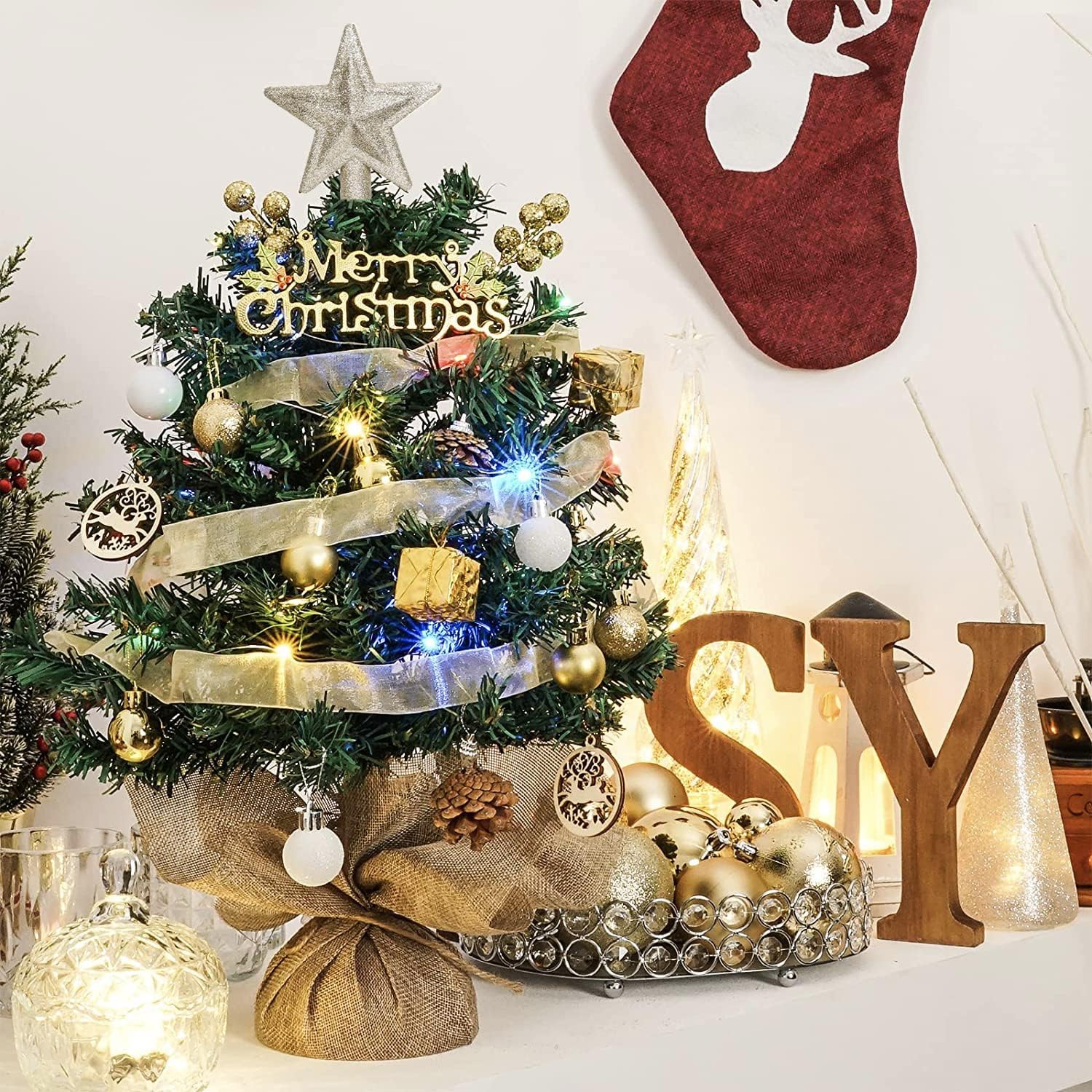 Pack of 30 Mini Christmas Baubles with Hanger, 3 cm Small Christmas Tree Baubles, Gold & White Baubles, Mini Christmas Tree, Table Christmas Tree Decoration Set – Bild 4