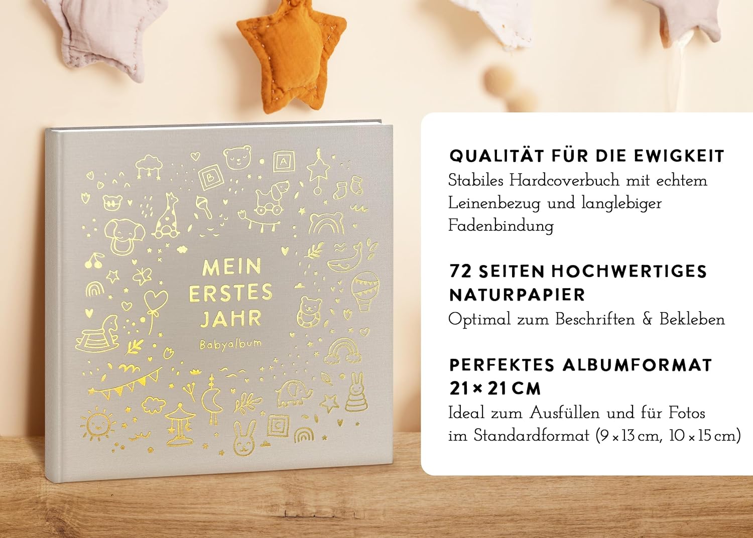 My First Year Baby Album - High-Quality Linen Book with Gold Embossing for the Most Beautiful Memories - Baby Book to Enter for the First Year of Life - Baby Gift for Birth (Toy Nature) – Bild 5
