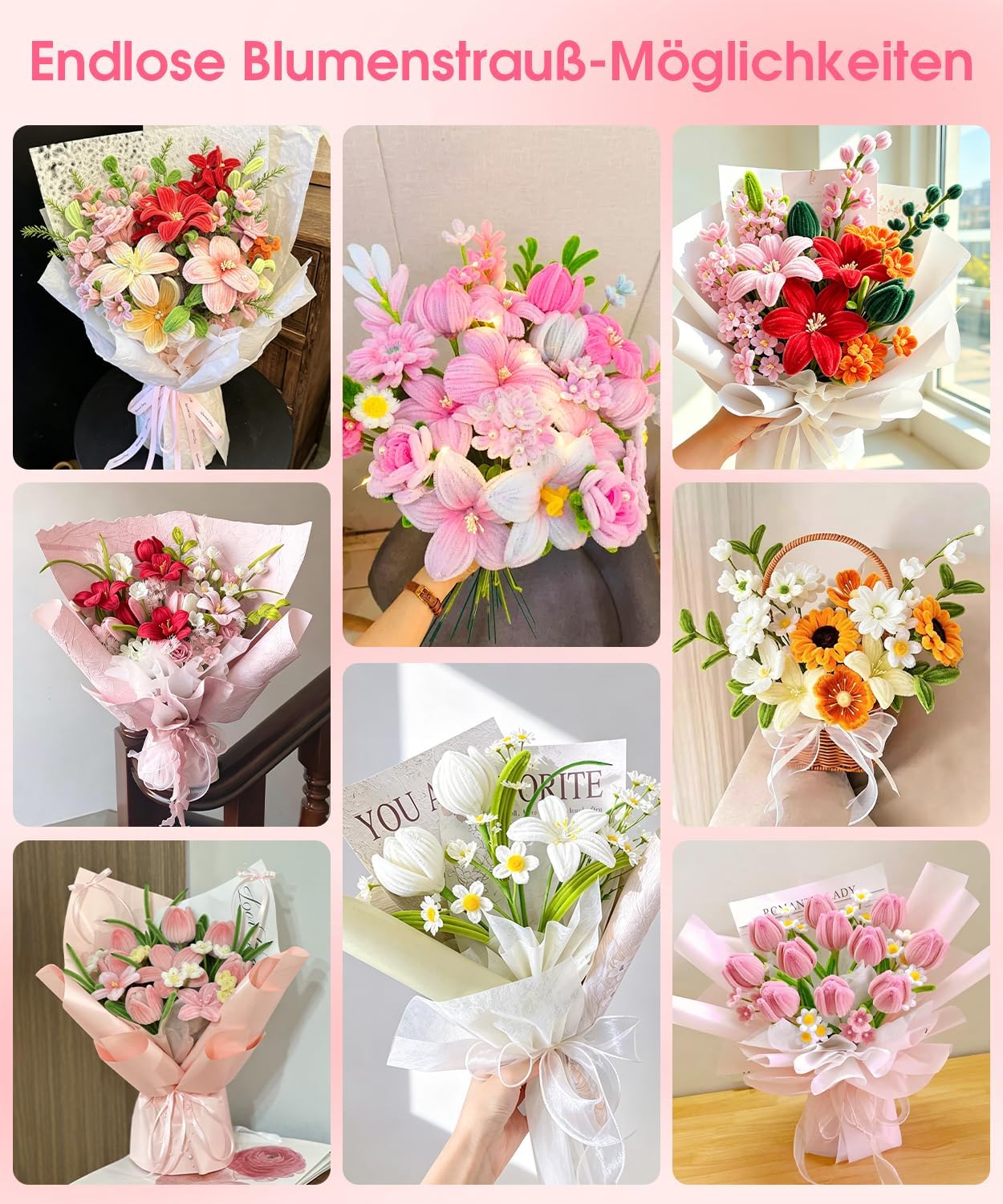 550 Pieces Pipe Cleaners Flower Set, 9 Colours Pipe Cleaners for Crafts with Ribbon, Tape, Stamens, Flower Wire, Flower Paper, Instructions & Video Tutorial for Creative DIY – Bild 7
