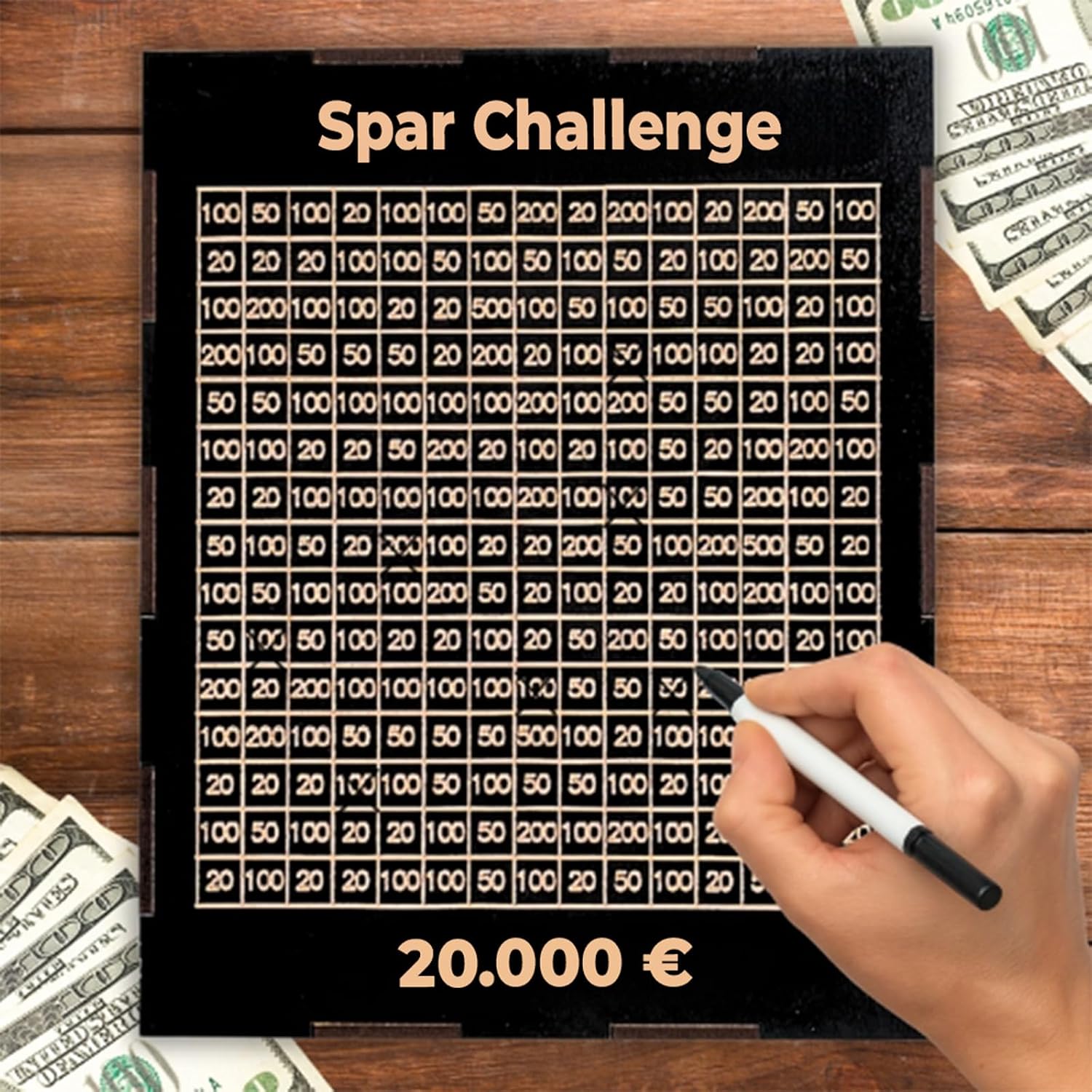 ROANNA Wooden Money Box XL - Saving Challenge with Numbers to Check - Savings Target 5,000-50,000 Euro - Gift for Adults Children (Black, 20,000 €) – Bild 4