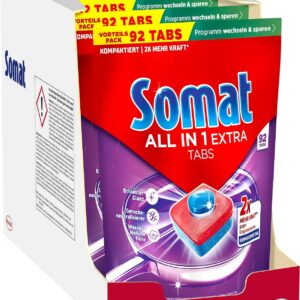 Somat All in 1 Extra Dishwasher Tablets (4 x 92 AW), Dishwasher Tablets for Radiantly Clean Dishes, Even in Low Temperature, Short & Eco Programs, Removes Crusted Items, Provides Brilliant Shine