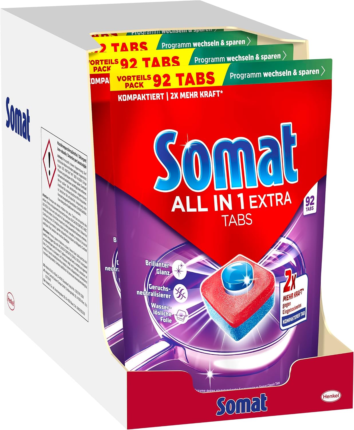 Somat All in 1 Extra Dishwasher Tablets (4 x 92 AW), Dishwasher Tablets for Radiantly Clean Dishes, Even in Low Temperature, Short & Eco Programs, Removes Crusted Items, Provides Brilliant Shine