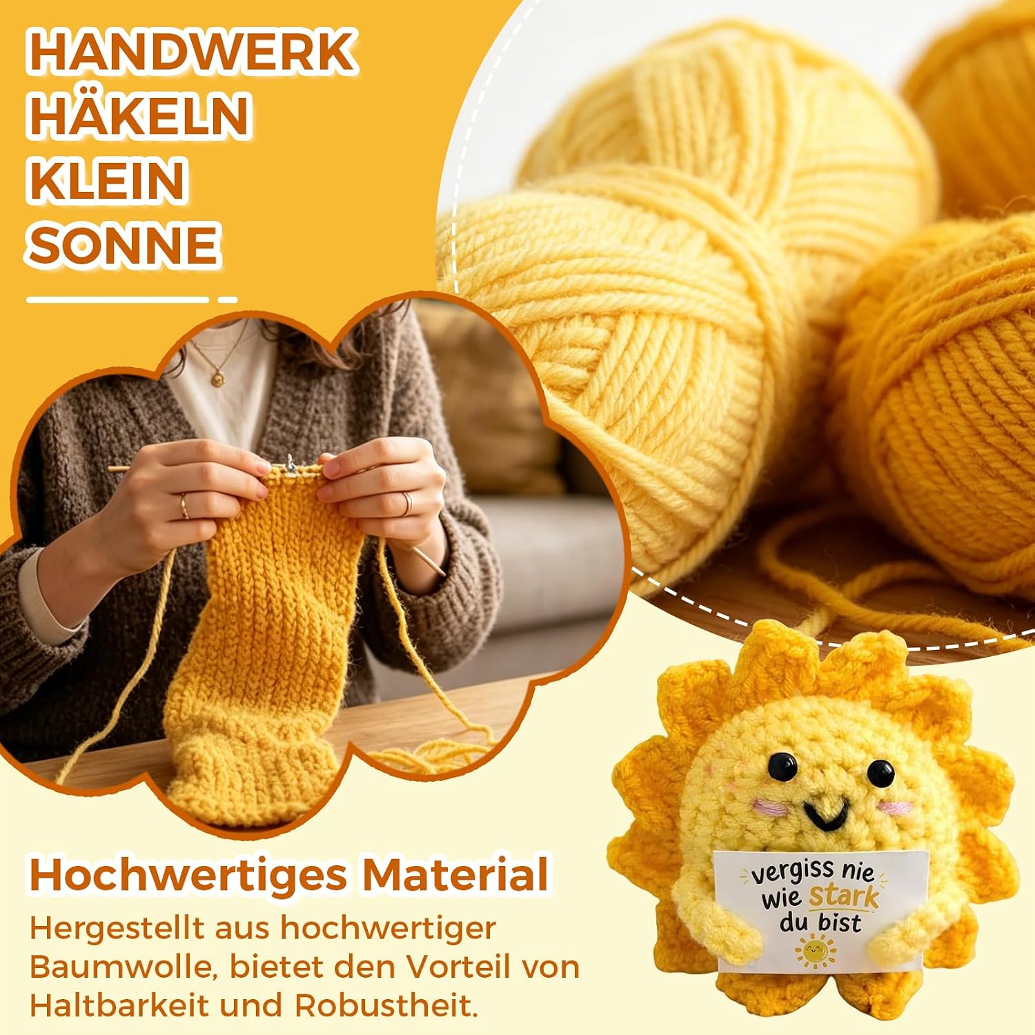 Sunflower Crochet Figure, 1 Piece with Courage Saying, Good Luck Charm, Get Well Soon Gifts, Small Sun Decoration for Women, Girlfriend, Daughter, Mum, Colleague, Exam, Farewell, Birthday, Office – Bild 4