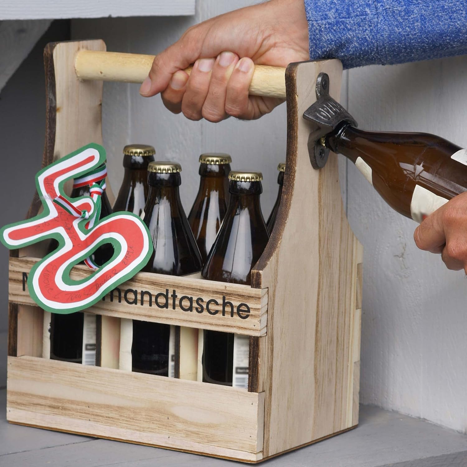 UNUS Home Men's Handbag, Beer, Wooden Bottle Carrier for 6 Bottles, Beer Carrier with Bottle Opener, Gift Idea Men, Birthday, Father's Day – Bild 5