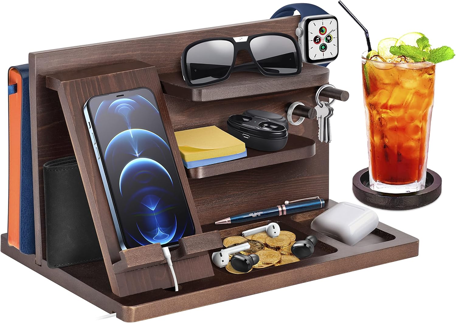 Gifts for Men, Wooden Phone Docking Station, Watches, Wallets, Bedside Organiser Gift Husband, Gift for Him, Father, Brother, Christmas, Anniversary, Birthday Gift for Men, Dad Gifts